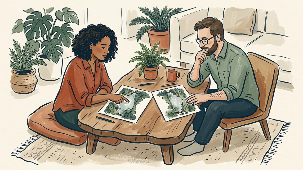 Dos personas comparan dibujos de un lago rodeado de vegetación sobre una mesa.