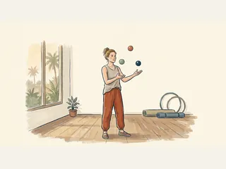 Mujer practicando malabares con tres pelotas en una sala de circo.