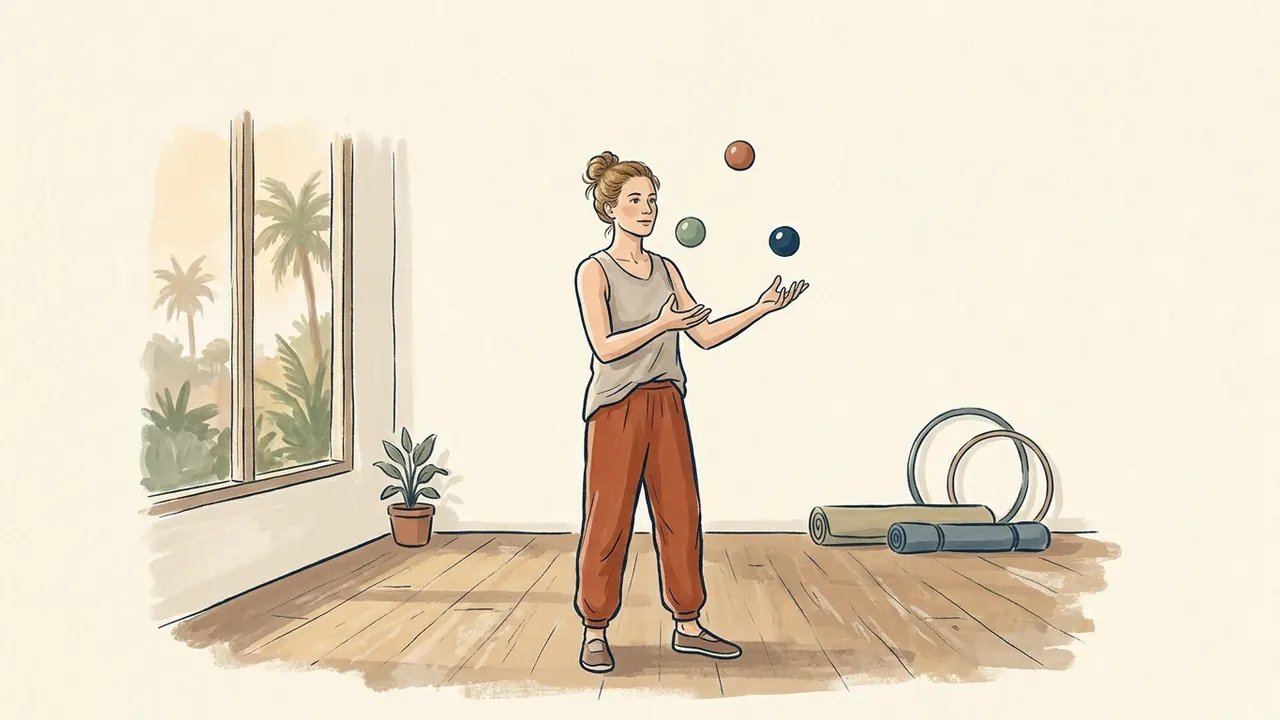 Mujer practicando malabares con tres pelotas en una sala de circo.