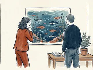 Dos personas contemplan una ilustración con peces y algas en una exposición.