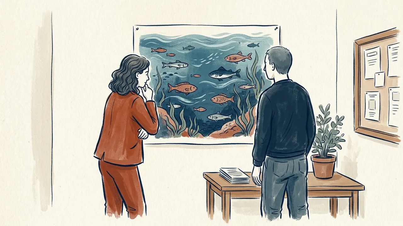 Dos personas contemplan una ilustración con peces y algas en una exposición.