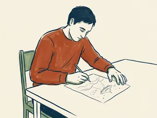 Una persona dibuja con lápiz un platillo volador de ficción sobre una lámina con colinas.