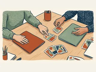 Cuatro manos comparan tarjetas de colores y dos carpetas cerradas sobre una mesa.