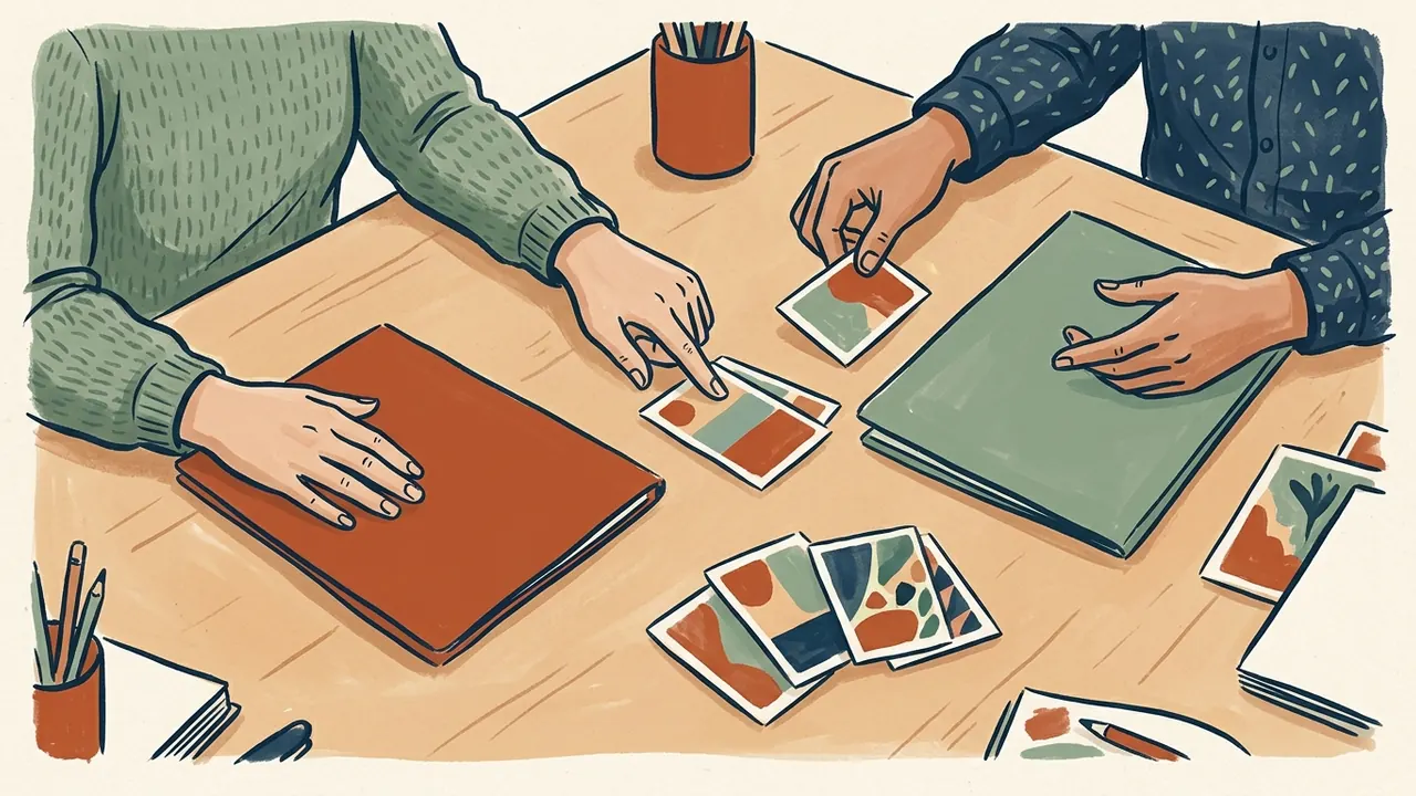 Cuatro manos comparan tarjetas de colores y dos carpetas cerradas sobre una mesa.