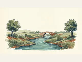 Río entre vegetación de ribera y un puente de piedra de un arco.