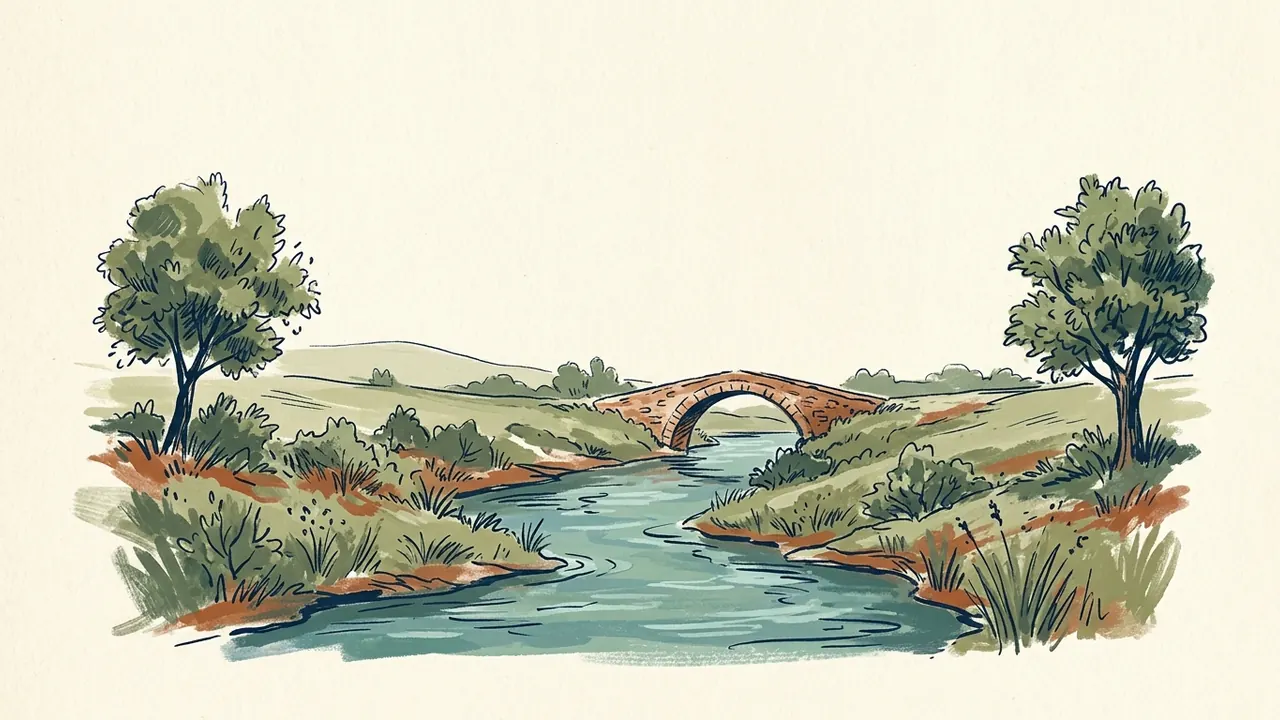 Río entre vegetación de ribera y un puente de piedra de un arco.