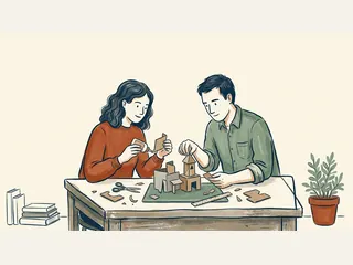 Dos personas construyen una maqueta de cartón sobre una mesa de trabajo.