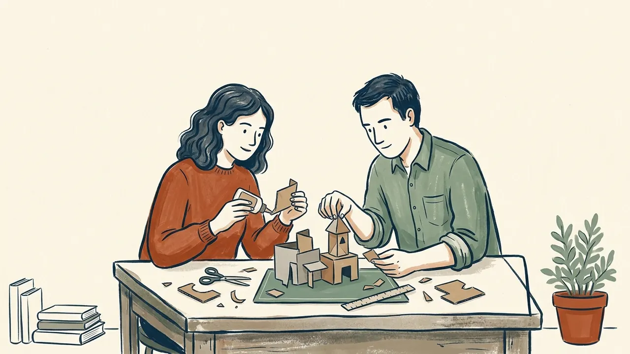 Dos personas construyen una maqueta de cartón sobre una mesa de trabajo.