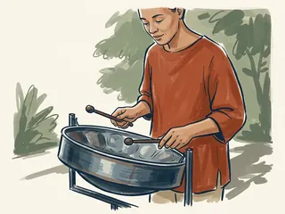 Una persona toca un steelpan cóncavo con dos baquetas de puntas redondeadas.
