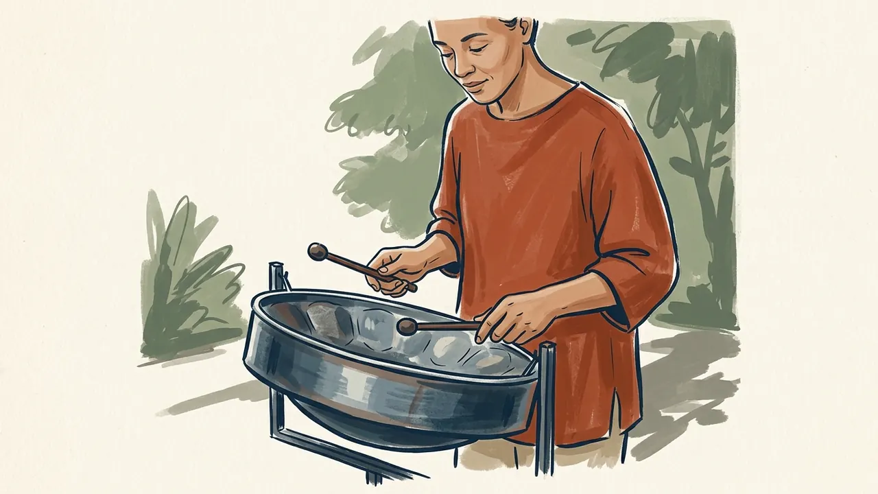 Una persona toca un steelpan cóncavo con dos baquetas de puntas redondeadas.
