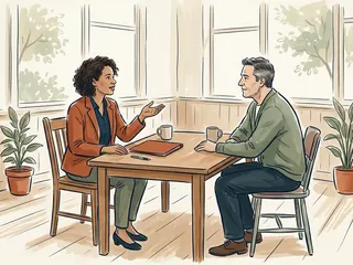 Dos personas conversan alrededor de una mesa con una carpeta cerrada.