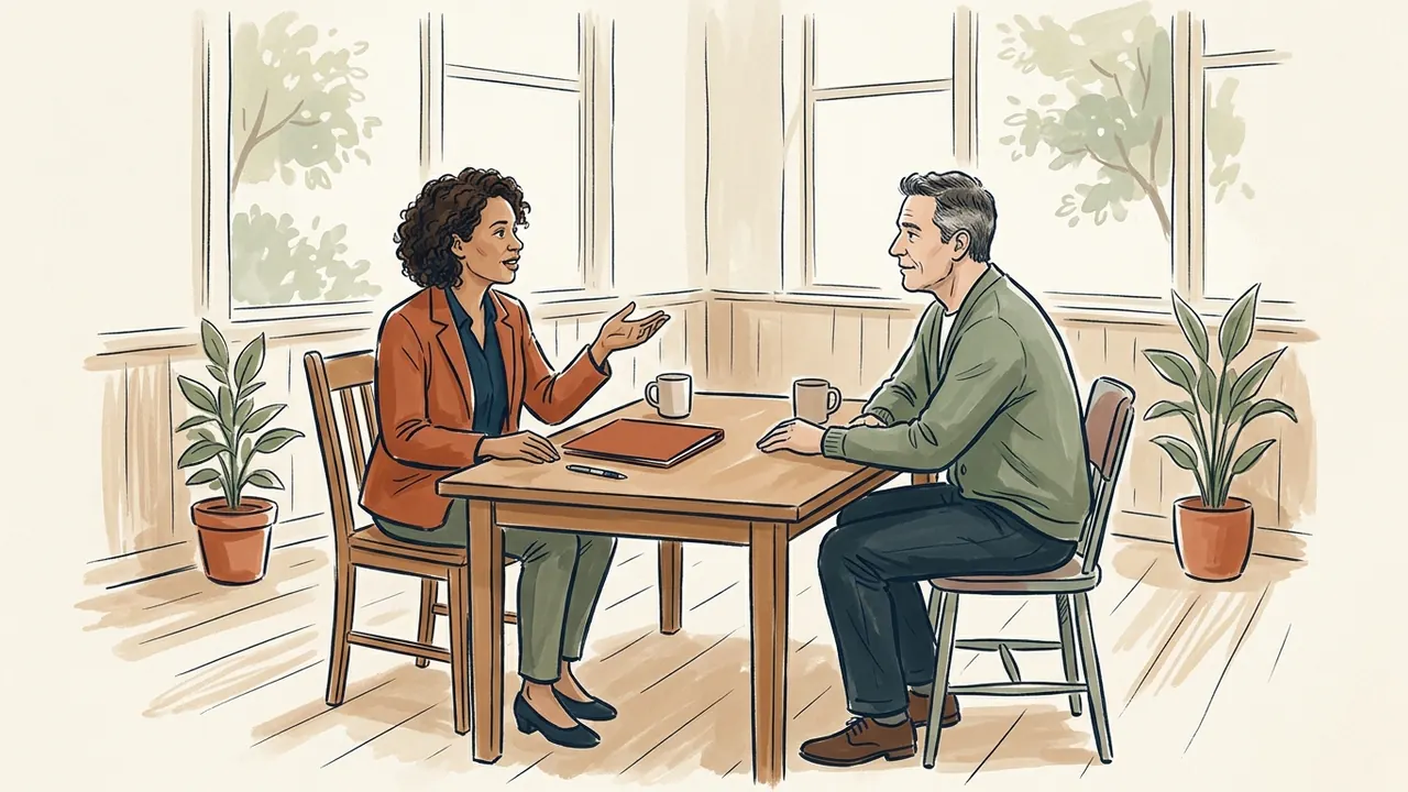 Dos personas conversan alrededor de una mesa con una carpeta cerrada.
