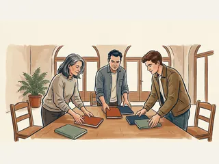 Tres adultos preparan una mesa con cuadernos para una reunión de apoyo.