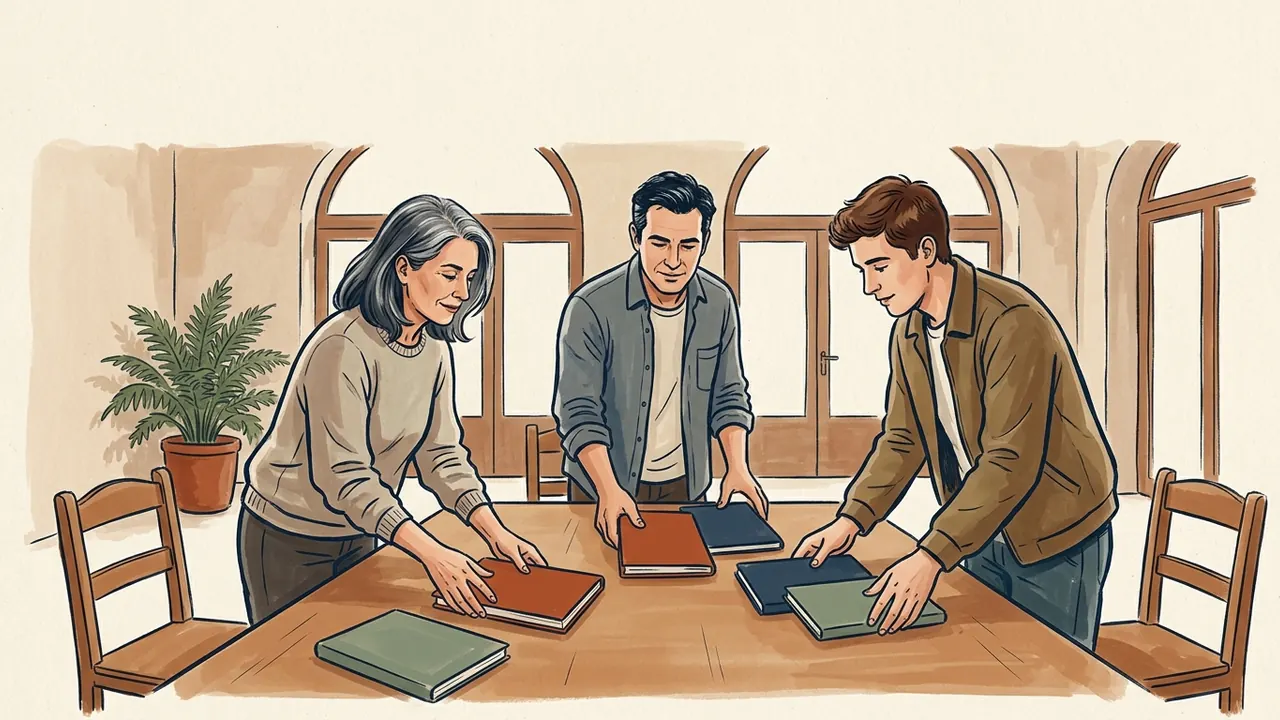 Tres adultos preparan una mesa con cuadernos para una reunión de apoyo.