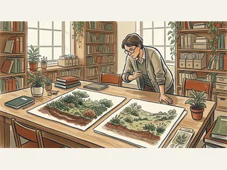 Una persona compara dos láminas de paisajes con suelo y vegetación en una biblioteca.