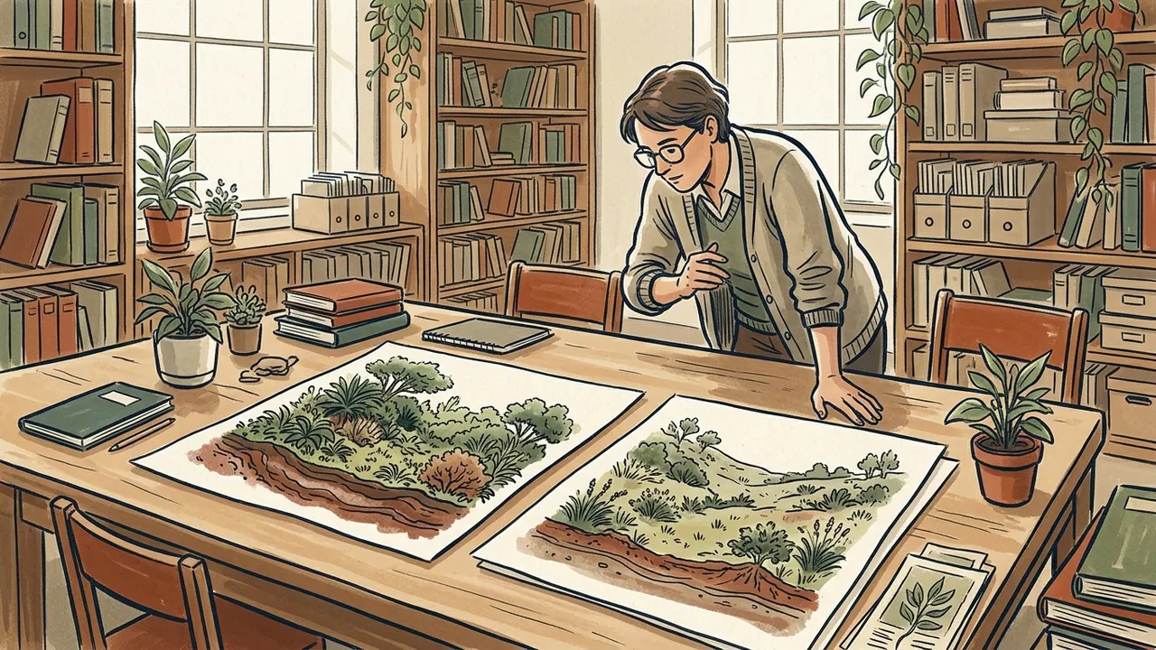 Una persona compara dos láminas de paisajes con suelo y vegetación en una biblioteca.