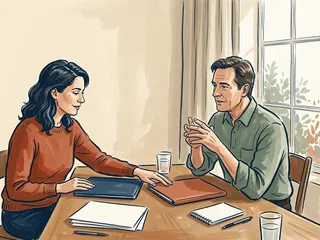 Dos personas conversan junto a carpetas cerradas, hojas en blanco y un cuaderno liso.