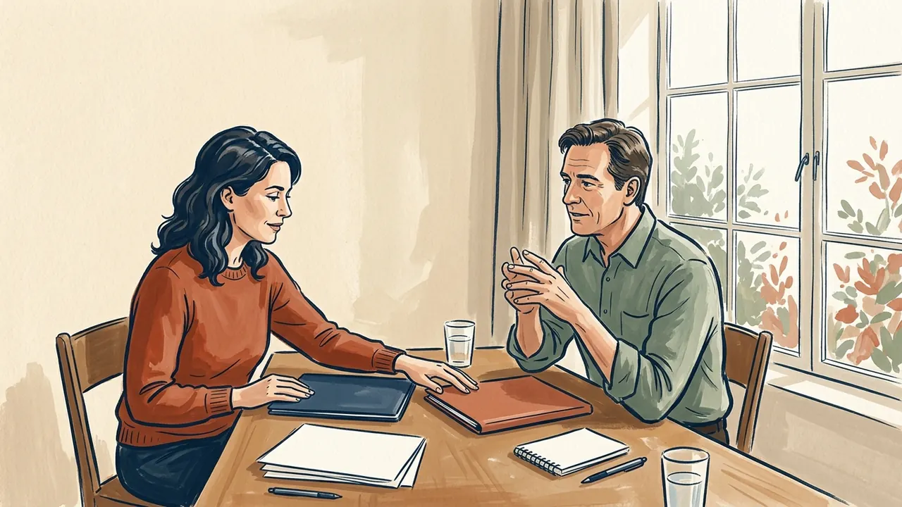 Dos personas conversan junto a carpetas cerradas, hojas en blanco y un cuaderno liso.