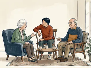 Dos personas mayores y una persona más joven conversan alrededor de una mesa baja.