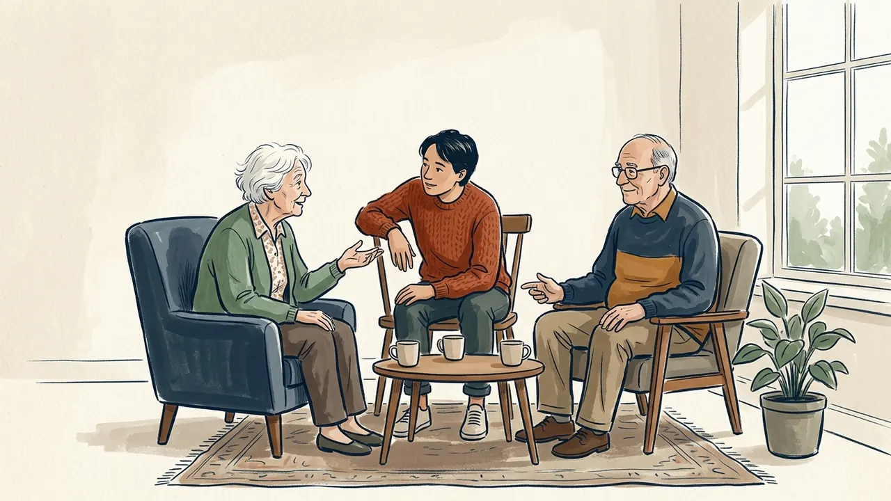 Dos personas mayores y una persona más joven conversan alrededor de una mesa baja.