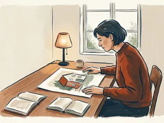 Una persona observa un dibujo de una vivienda junto a una lámpara de mesa.