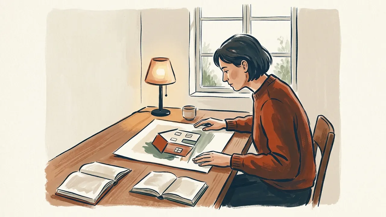 Una persona observa un dibujo de una vivienda junto a una lámpara de mesa.