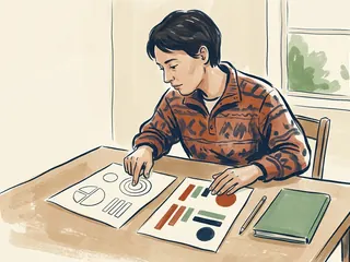Una persona compara dos hojas con formas geométricas junto a un cuaderno cerrado.