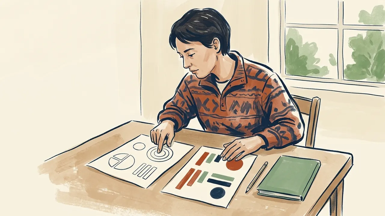 Una persona compara dos hojas con formas geométricas junto a un cuaderno cerrado.
