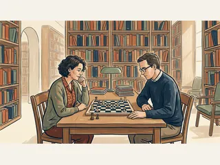 Dos personas observan un tablero de ajedrez con algunas piezas en una biblioteca.