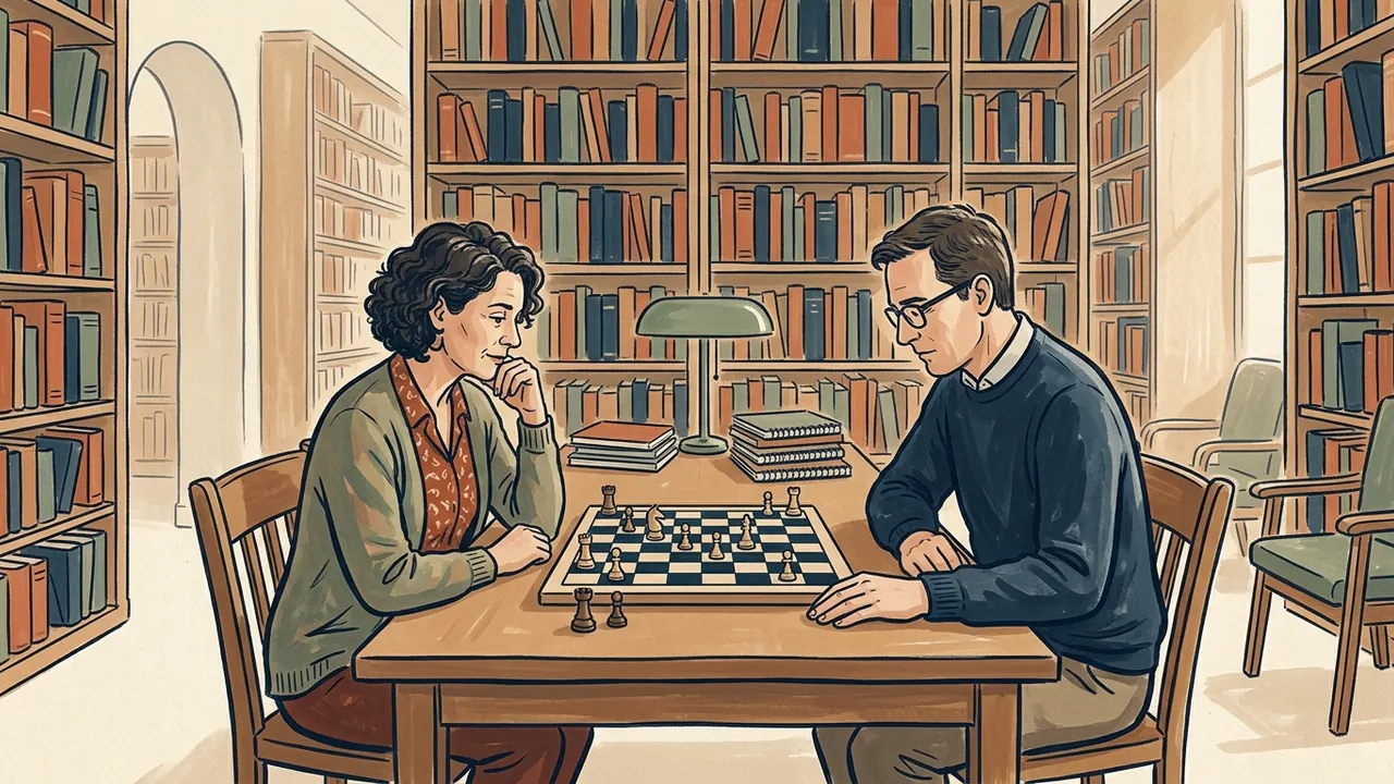 Dos personas observan un tablero de ajedrez con algunas piezas en una biblioteca.
