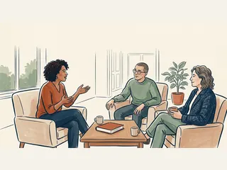 Tres personas adultas conversan sentadas alrededor de una mesa baja con un libro cerrado.
