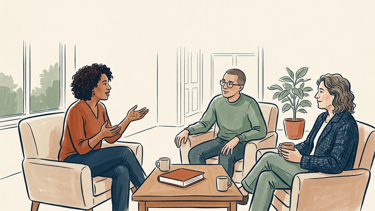 Tres personas adultas conversan sentadas alrededor de una mesa baja con un libro cerrado.