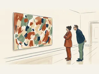 Dos personas contemplan una pintura abstracta en una sala de exposición.