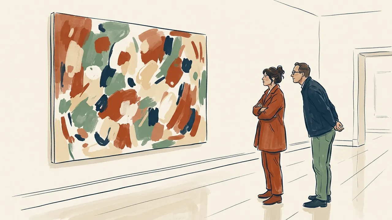 Dos personas contemplan una pintura abstracta en una sala de exposición.
