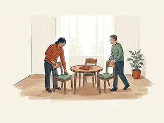 Dos adultos preparan sillas alrededor de una mesa para conversar.