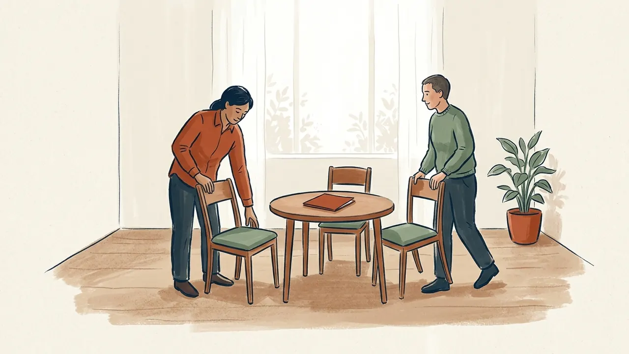 Dos adultos preparan sillas alrededor de una mesa para conversar.