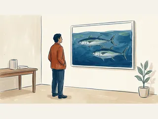 Una persona observa una ilustración de dos atunes en una sala.