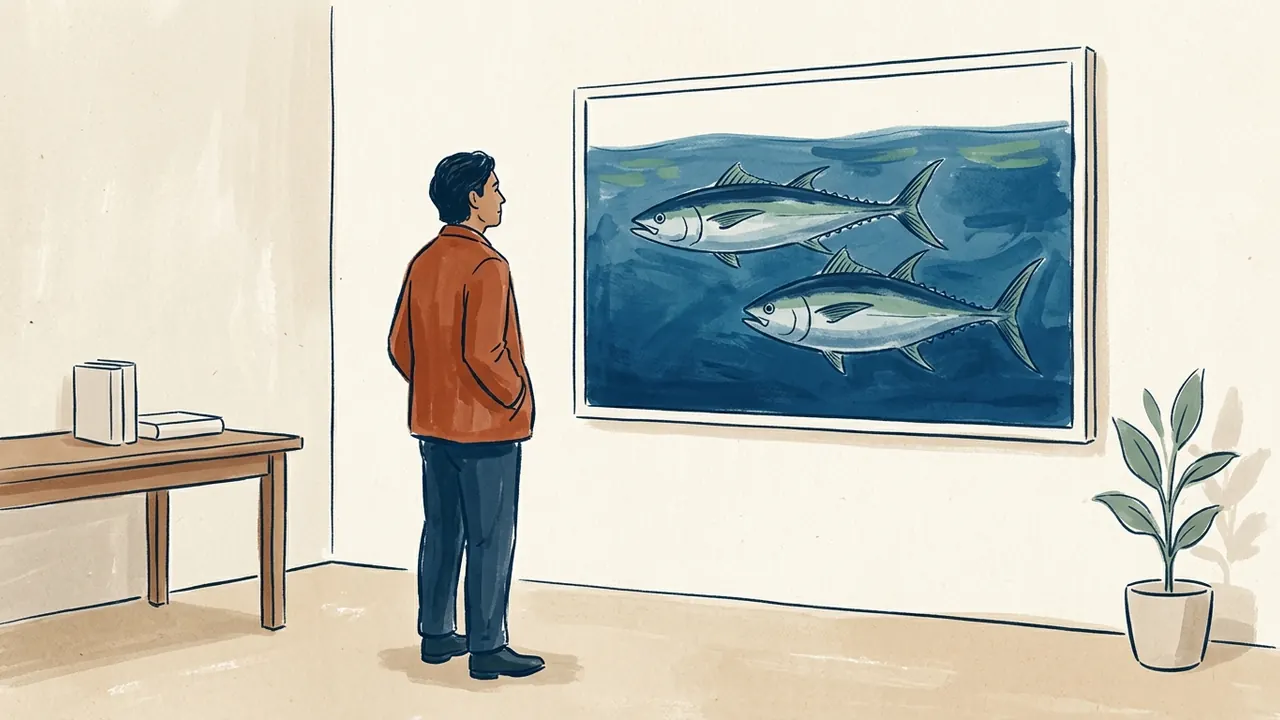 Una persona observa una ilustración de dos atunes en una sala.