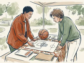 Dos personas observan una pelota de baloncesto y un dibujo de una canasta sobre una mesa.