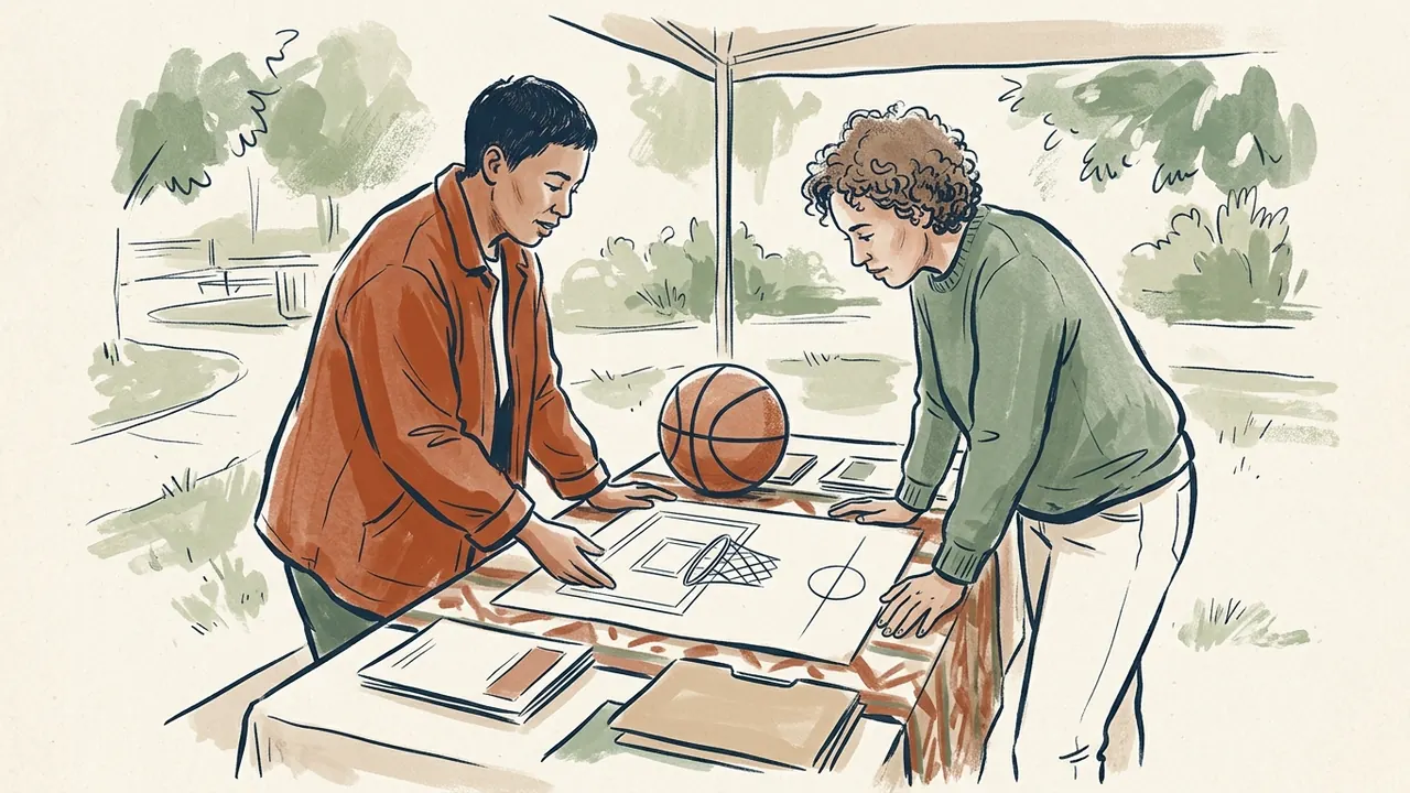 Dos personas observan una pelota de baloncesto y un dibujo de una canasta sobre una mesa.