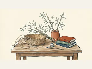 Cesta tejida, tallos de bambú y libros cerrados sobre una mesa.