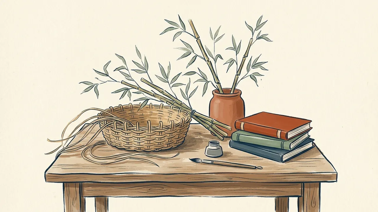 Cesta tejida, tallos de bambú y libros cerrados sobre una mesa.