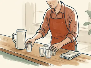 Una persona con delantal organiza vasos vacíos junto a una jarra lisa y un paño sobre una barra.