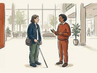 Dos personas conversan en un vestíbulo; una sostiene un bastón blanco largo.