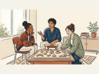 Tres personas jóvenes conversan junto a una mesa con piezas geométricas de madera.