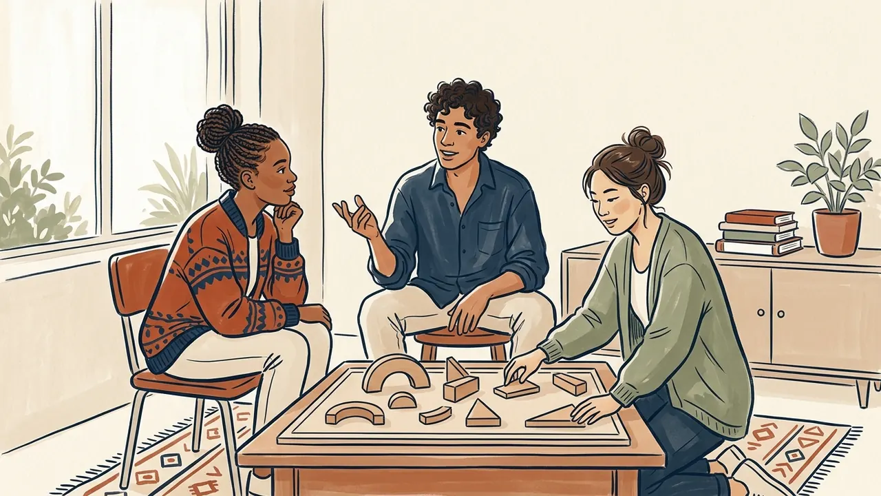 Tres personas jóvenes conversan junto a una mesa con piezas geométricas de madera.