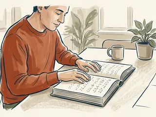 Una persona recorre con los dedos las páginas de un libro con puntos en relieve.