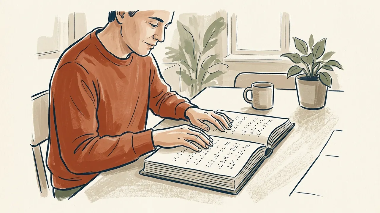 Una persona recorre con los dedos las páginas de un libro con puntos en relieve.