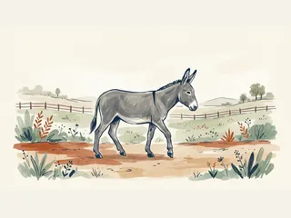Burro gris caminando por un sendero rural.