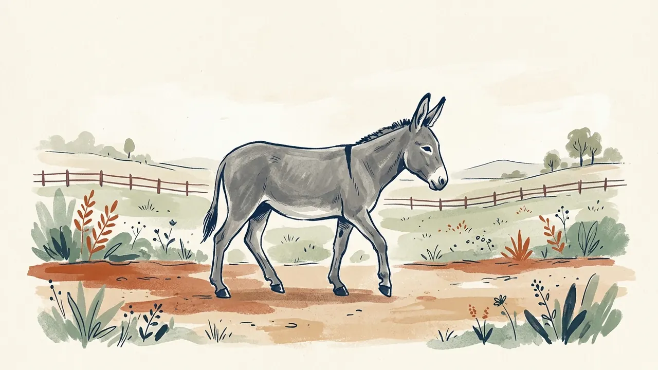 Burro gris caminando por un sendero rural.